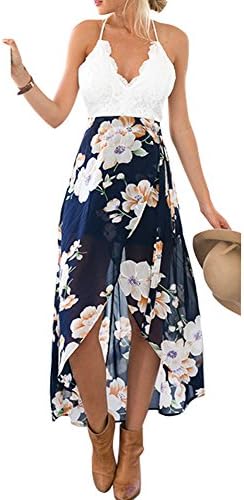 Women Floral Halter Backless Boho Slit Front Beach Maxi Sundress