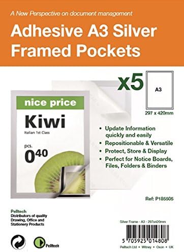 Pelltech P185505 A3 Self Adhesive Display Frame with Magnetic Closure - Silver (Pack of 5), A3 - Pack of 5