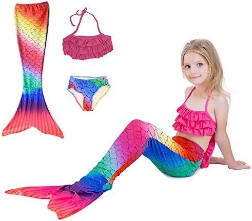 Swimmable Mermaid Tail Costume Swimsuit for Girls Swimming with Bathing Bikini Set(No monofin) Rainbow S