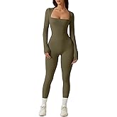QINSEN Womens Sexy Square Neck Long Sleeve Full Length Leggings Bodycon Stretch Jumpsuit