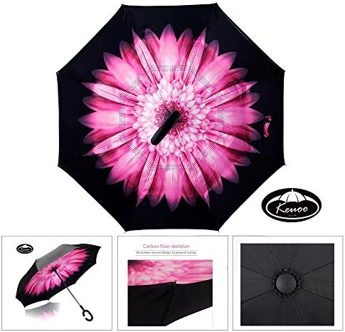KEUOO Travel Inverted Umbrella for Driver C-Hook Reverse Hands Free Umbrella (Pink Daisy)