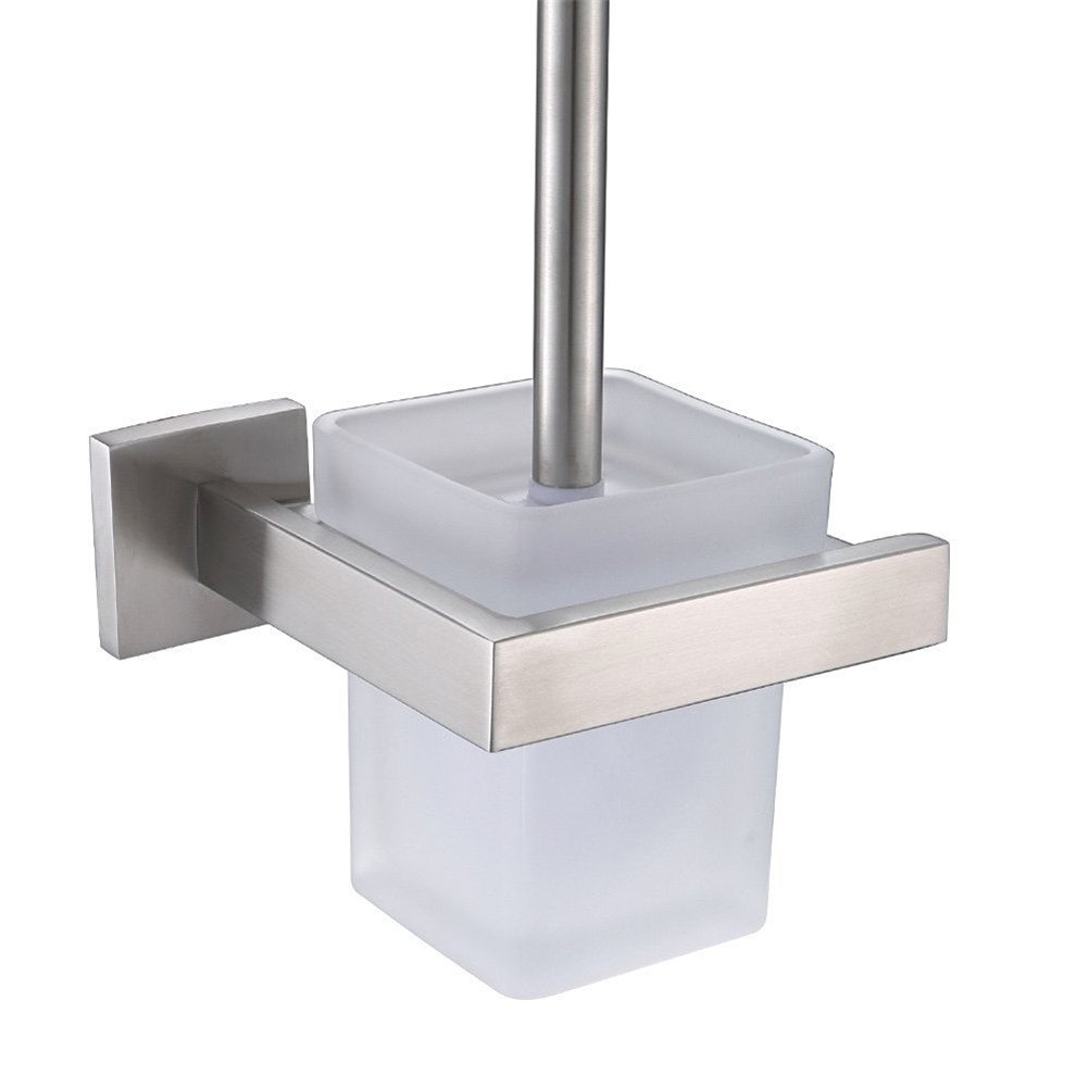 CASEWIND Toilet Brush Wall Mount, Brushed Nickel WC Brush and Holder Set, Hanging in Bathroom SUS 304 Stainless Steel and Glass