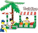 Fruit shop Market Shop 114 Pcs Building Blocks sea side souk stalls set with fruits, veggies, money, customer and sales people - Compatible To All Major Brands