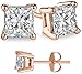 FANTOM Unisex Rose Gold Overlay 925 Sterling Silver Princess Cubic Zirconia Square White Cz Stud Earrings
