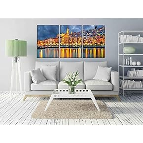 3 Piece Canvas Wall Art - Provence Village Menton After Sunset - Modern Home Art Stretched and Framed Ready to Hang - 16"x24"x3 Panels