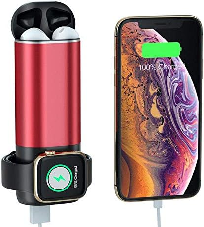 YICHUMY 3 in 1 Wireless Charger Powerbank 5200mAh Portable Power Bank with Wireless Charging Compatible with Phone XS MAX/8 Plus/8 AirPods/Apple Watch Series 3/2/1 (Red)
