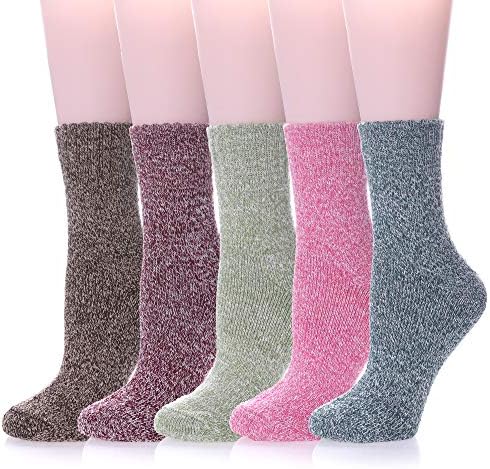Womens 5 Pairs Thick Soft Solid Color Knit Wool Warm Crew Winter Socks