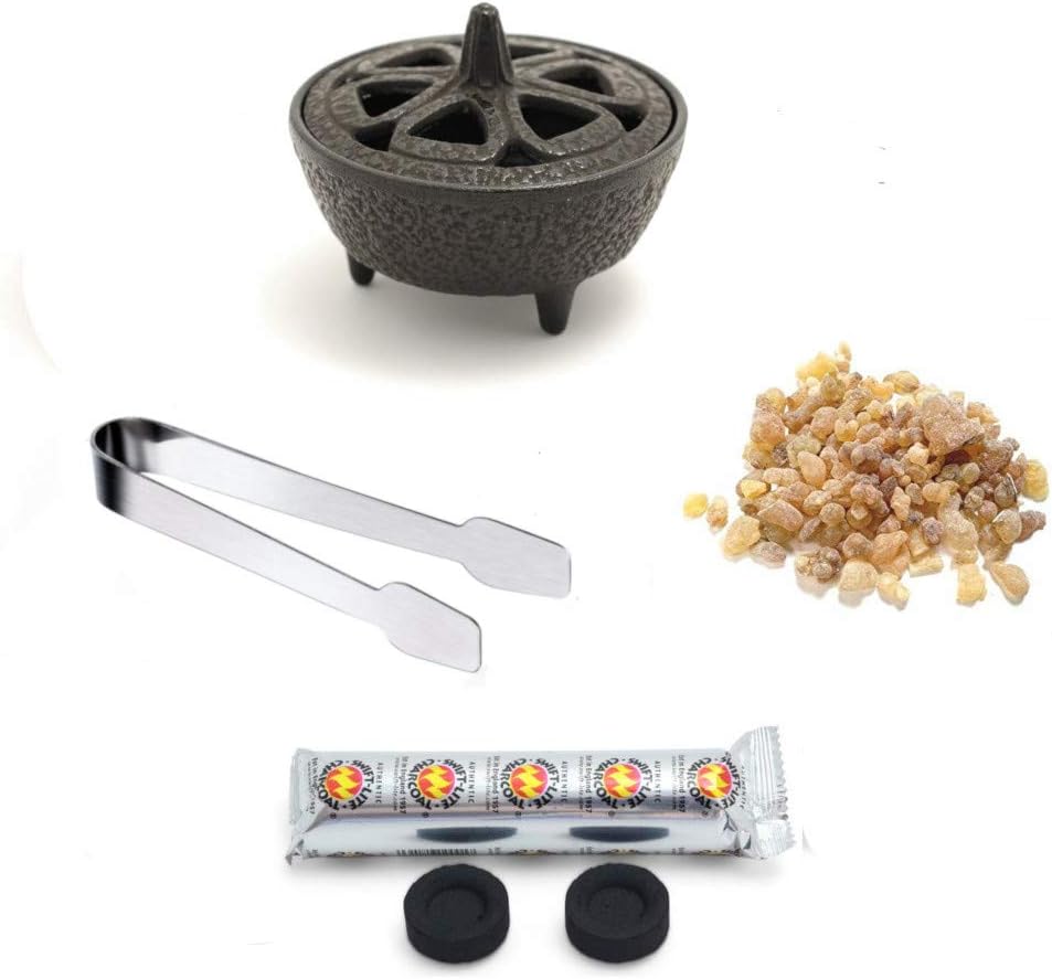 Incense Burner Kit with Cast Iron Burner, Fresh Frankincense Resin, Charcoal and Tongs -Complete Method for Burning Natural Incense