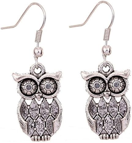 Tibetan Silver Antique Latticed Pattern owl Ear Wire Hook Dangle Earrings