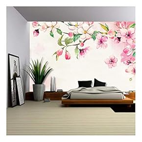 Large Wall Mural - Watercolor Style Ink Painting Pink Cherry Blossom on Branch | Self-Adhesive Vinyl Wallpaper/Removable Modern Wall Decor - 66x96 inches