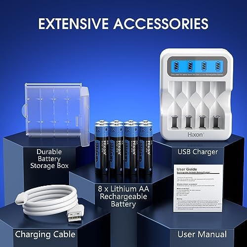 Lithium AA Batterien, Wiederaufladbare 1,5V AA Lithium Akku, 3500mWh und 1600 Lange Zyklen, 8 Stück Lithium 1,5V Double A Akku mit Weißem Schnelles Aufladen LCD-Display Ladegerät