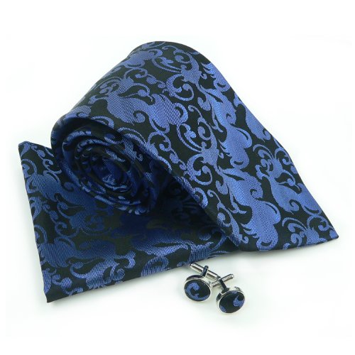 Landisun Paisleys Mens Silk Tie Set: Necktie+Hanky+Cufflinks 89F Navy Blue Black, 3.25”Wx59“L