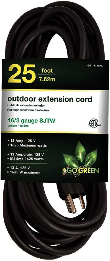 Go Green Power GG-13725BK 16/3 25' Heavy Duty Extension Cord-Black, 25ft, 25 Ft - - 
