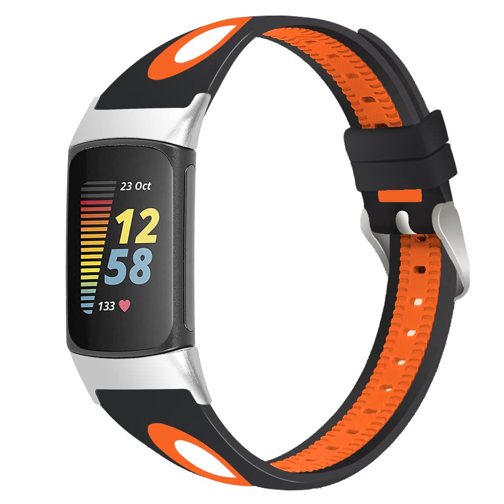 Gimuk Compatible with Fitbit Charge 5 Strap for Women Men, Adjustable Soft Silicone Sport Bands Replacement Strap Wristband for Charge 5 Activity Tracker (Black Orange)