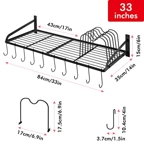Sunix Pan Pot Rack, Wall Mounted 2-Tier Pan Hanging Racks, Pot Shelf Organizer with 10 Hooks and Pot Lids Holder
