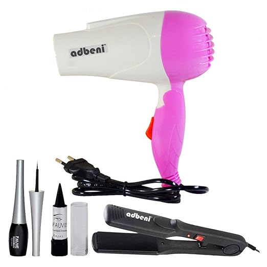 adbeni Plastic Hair Straightener and Dryer, Eyeliner, Kajal Makeup Kit (Assorted Colour)