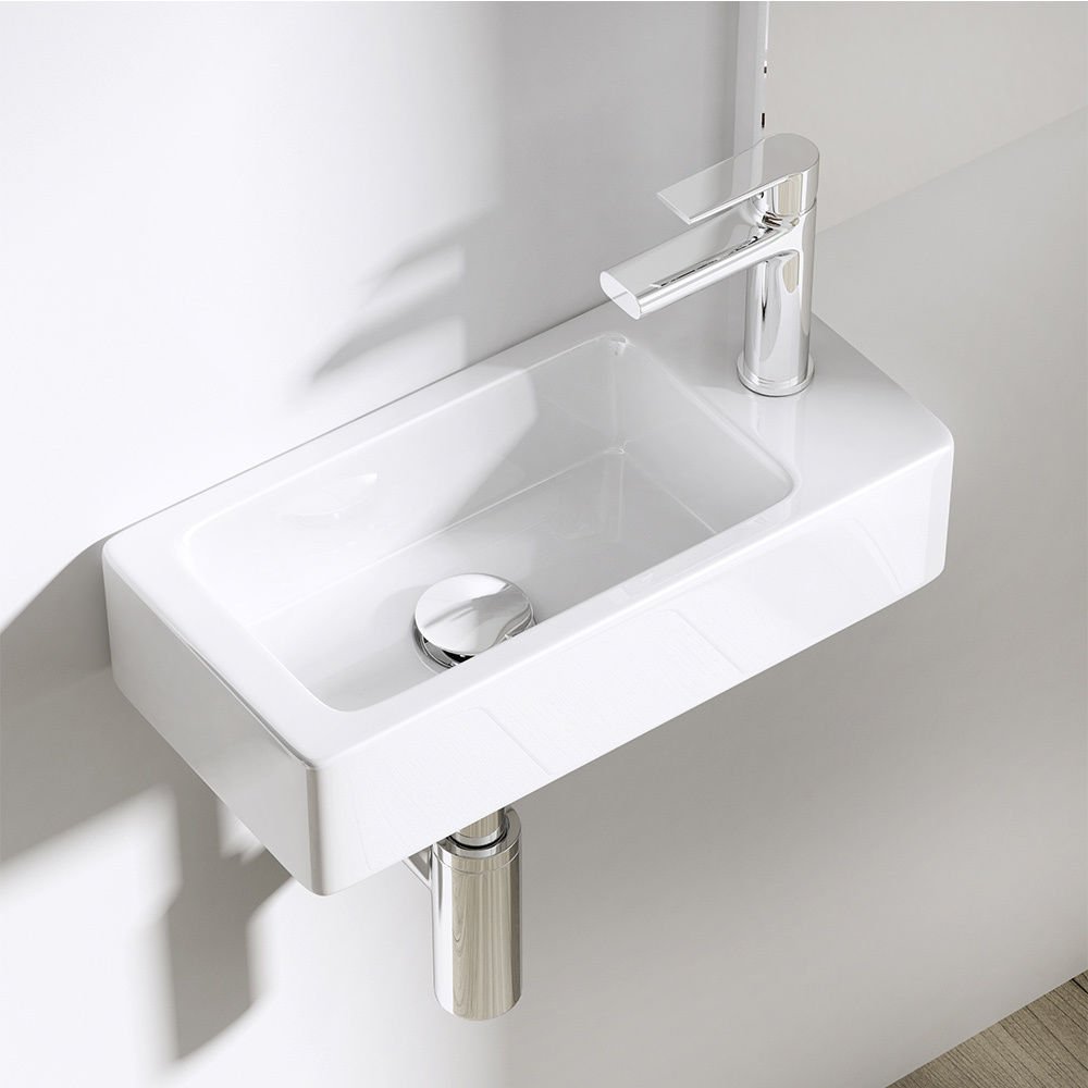 Durovin Bathrooms Mini Ceramic Basin | Wall Hung Mount | Rectangular Cloakroom Wash Sink | One Right Hand Tap Hole