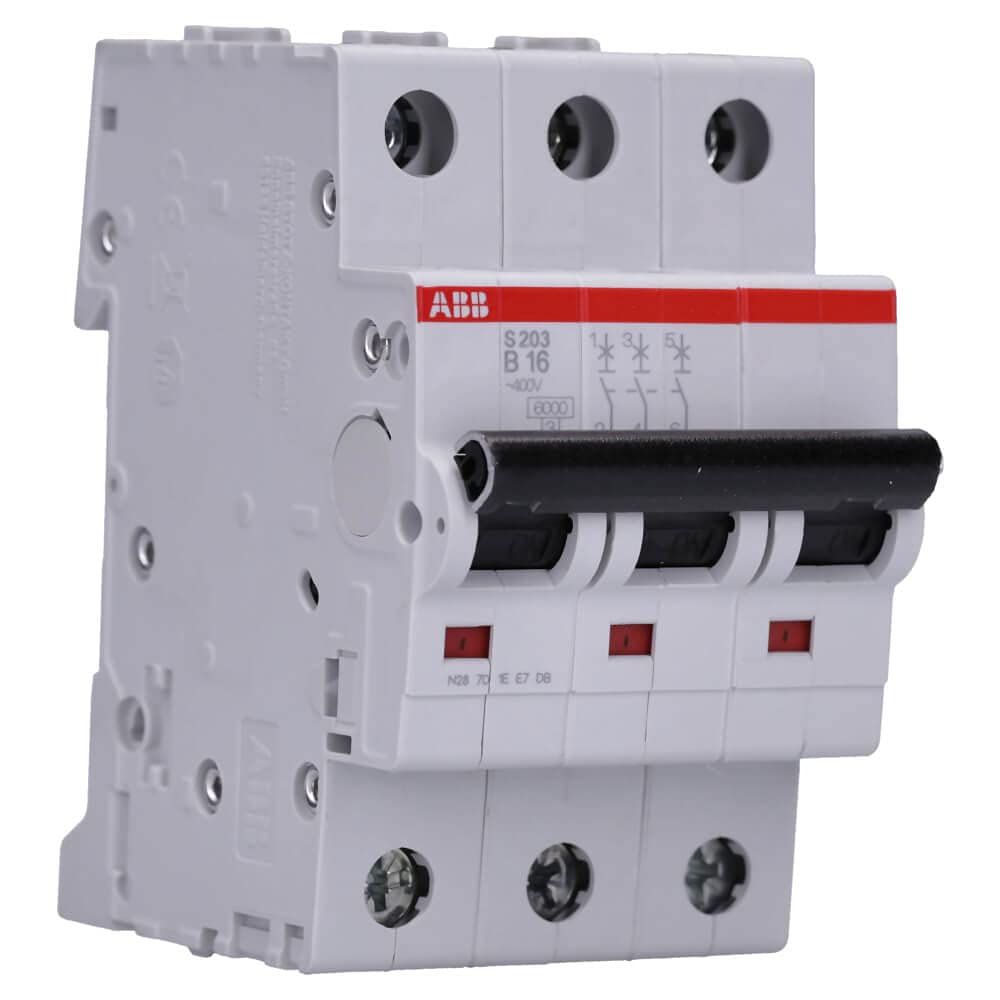 ABB S203-B16 Miniature Circuit Breaker, 3 Pole, Type B, 6/10kA Breaking Capacity, 16 Amp Current (2CDS253001R0165)