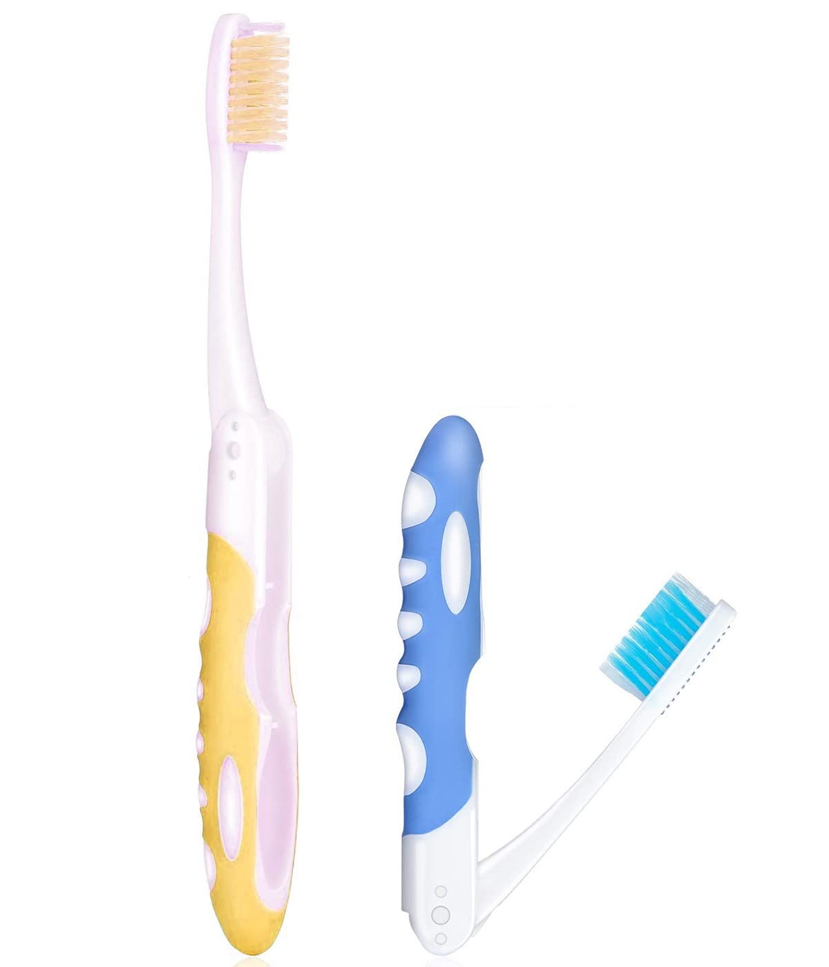 Pack of 2 Travel Toothbrush Foldable Bristle Thickness Medium Portable Soft Bristles Toothbrush with Box for Travel Camping School (Blue, Yellow)