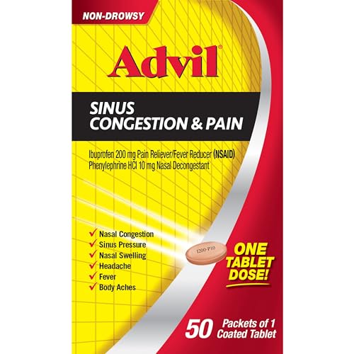 ADVIL SINUS CONGESTION AND PAIN, SINUS RELIEF MEDICINE, PAIN RELIEVER AND FEVER REDUCER WITH IBUPROFEN AND PHENYLEPHRINE HCL – 50 COATED TABLETS