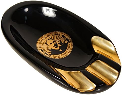 Mano Ashtrays for Cigars Black Onyx Porcelain with Gold Three Grooves