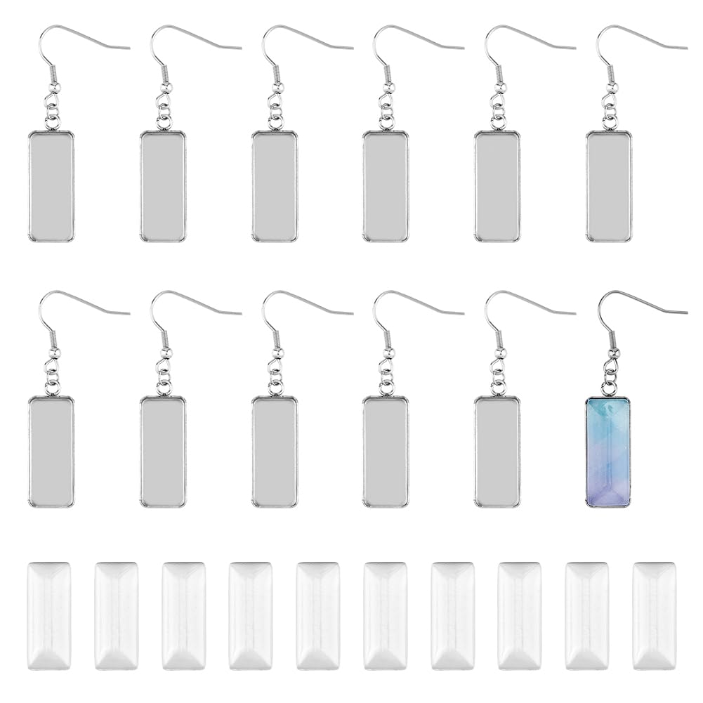 DICOSMETIC 30 Sets Stainless Steel Fish Hook Earring With Rectangle Bezel Blank Tray and Glass Cabochons DIY Jewelry Making Kit, 25x10mm