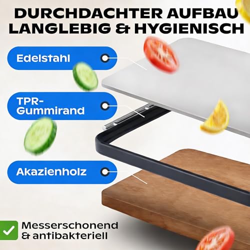 Double Sided Chopping Board Wood & Stainless Steel - 2-in-1 Kitchen Board | Non-Slip Cutting Board, Large with Juice Groove & Non-Slip Frame | Schneidewerk