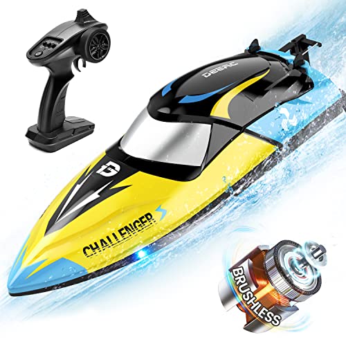 DEERC Fast Brushless RC Boat for Adults, 30+MPH 3S High Speed Remote Control Boat, Self-righting 2.4Ghz Speed Shark with LED Lights, Summer Toy Gift for Kids
