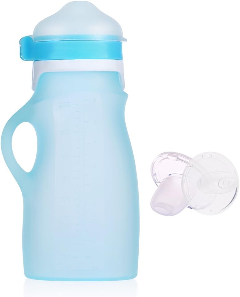 Baby Food Milk Drinking Feeding Bottle,2 Colors Food Grade Silicone 250ml Water Milk Food Bottle for 0~3 Years Baby Boy Girl, Easy Start Self Sterilising