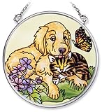 Amia Hand Painted Glass Suncatcher with Dog and Cat Design, 3-1/2-Inch Circle