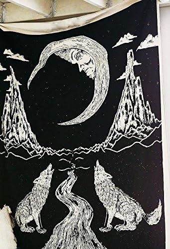 Twin Black&amp;White The Moon And Craying Wolf Tapestery Wall Hanging Bedsperd