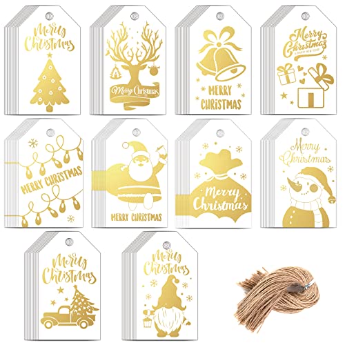Koogel Christmas Paper Tags, 120PCS Gold Foil Gift Tags Hang Name Labels with Twine for DIY Xmas Present Gift Box Christmas Party Decoration