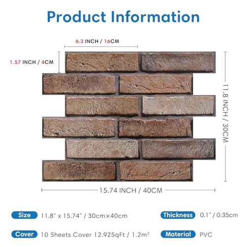 COMSTICKC 3D Bricks Wall Stickers, 10 Pieces, 30 x 40 cm, High Quality PVC Wall Stickers Panels for 3D Stone, Decorative Panels for Living Room, Bathroom, Kitchen