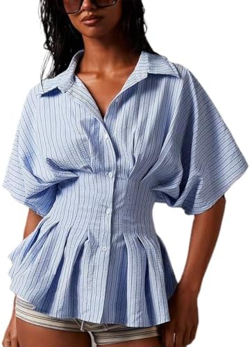Women Y2K Peplum Blouse Puff Short Sleeve Ruffle Hem T Shirt Going