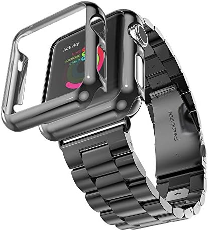 HUANLONG Compatible with Apple Watch Band Series 1/2/3/4, Stainless Steel Strap Band w/Adapter+Case Cover Compatible for iWatch 40/44mm (H Black 40mm)