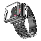 Apple Watch Band, HuanlongTM Solid Stainless Steel Metal Strap Band w/Adapter+Case Cover for Apple Watch iWatch 38/42mm (H Black 42mm) (Electronics)