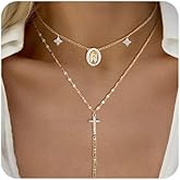 FEEL STYLE Cross Necklace for Women - Gold Plated Dainty Virgin Mary Necklace - Layered Choker Necklace Religious Jewelry