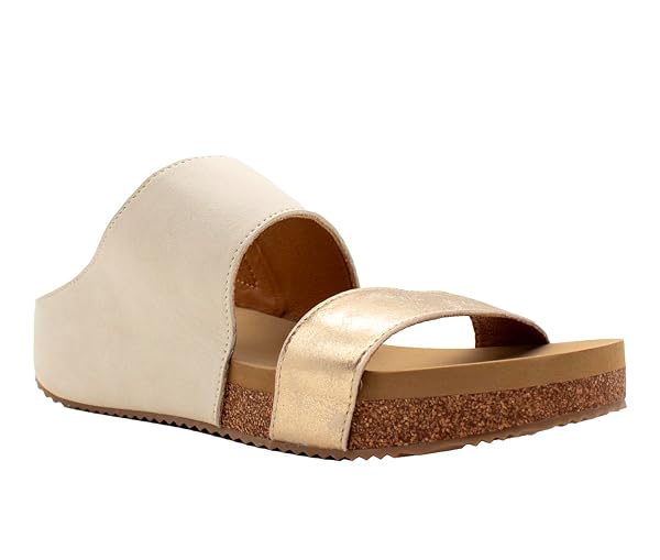 VOLATILE WOMENS CAMPFIRE METALLIC SLIDE WEDGE SANDAL, IVORY, 6 US