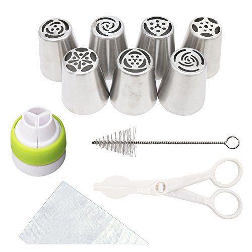 Segawoot Russian Piping Tips For Cupcakes Decoration 20-Pcs Set (7 Russian Tips 10 Disposable Pastry Bags 1 Tri-Color Coupler 1 Cleaning Brush 1 Flower Lifter)