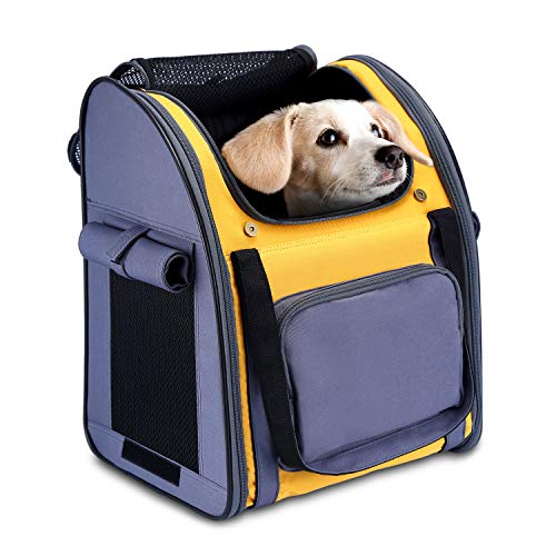 HAPPY HACHI Sac de Transport pour Chien Sac à Dos Souple Respirant pour Chats Chiens Petits Animaux Domestiques Transporteur Pliable avec Cadre Intégré pour Sortie Promenade Voyage (Gris-Jaune)