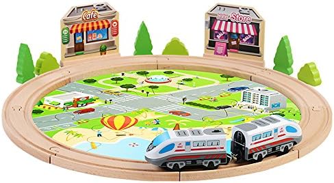 Wooden Train Track Set 29 Piece Pack, ZaLaMi 2 electric locomotive and 9 City street view puzzle with 2 Destinations -100% Compatible with Thomas and Other Major Brands Wooden Railway System (Blue)