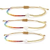 Opalencian Rainbow Gold Beaded Drawstring Bracelets for Women Dainty 3PCS White Pendant Friendship Bracelet,Handmade Fashion Charm Jewelry Gifts