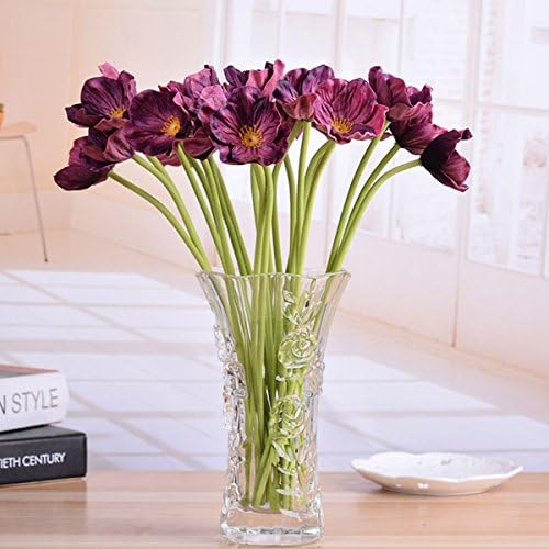 WELMAY 12.9'' Mini PU Poppy 10 Head Wedding Bridal Bouquets Real Touch Latex Artificial Flowers (Purple)