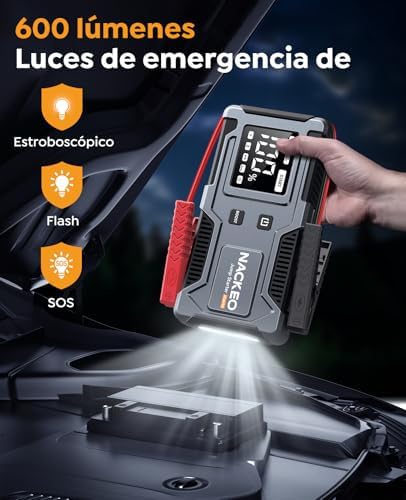 Arrancador de carro 6000A, motor de arranque de bateria de 12V (para gasolina 9.0L ou diesel 7.0L), arranque com cabos integrados, lanterna LED de emergência, standby longo, carregamento rápido