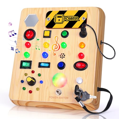 TINTECUSA Busy Board with LED Light, Wooden Sensory Toys for Toddler, Montessori Music Toy for Airplane, Travel Activity Educational Learning Autism Toys, Birthday Boys Girls Gifts