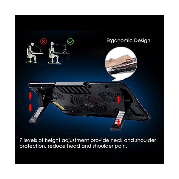 Laptop Cooling Pad 12"-17.3", Ultra Quiet Laptop Cooler Stand with 5 Fans at 2200RPM, Gaming Laptop Cooling Pad with Red LED Lights, 2 USB Ports, 7 Adjustable Height, Light Weight Cooling Stand