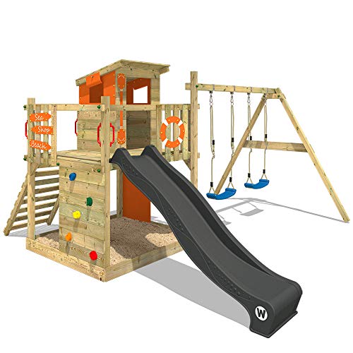 WICKEY Spielturm Klettergerüst Smart Camp mit Schaukel orangener Plane & anthraziter Rutsche, Outdoor Kinder Kletterturm…
