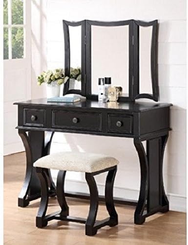 PNX Bobkona Edna Vanity Set, Tri-fold mirror vanity table with stool set, Two small drawer and one large center drawer, Antique brass-look drawer handle, Solid Wood Construction, Modern Style.