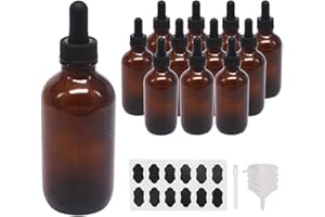 BPFY 12 Pack 4oz Glass Dropper Bottles, 120ml Amber Round Boston Bottle with Black Eye Dropper for Essential Oil, Massage Oil