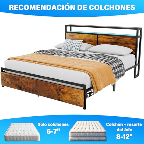 WELIKERA Marco de Cama con 2 Cajones, Base Cama King Cabecera con Luces Led, Base de Cama con Cabecera Estación de Carga USB y Espacio de Almacenamiento, Cama King Marco de Cama Fácil Montaje